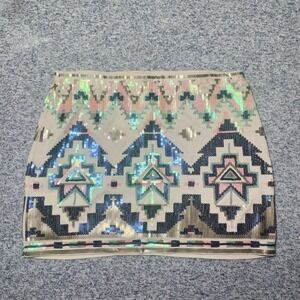 Express Sequin Mini Skirt Aztec Tribal Geo Beige Blue Pink Size S